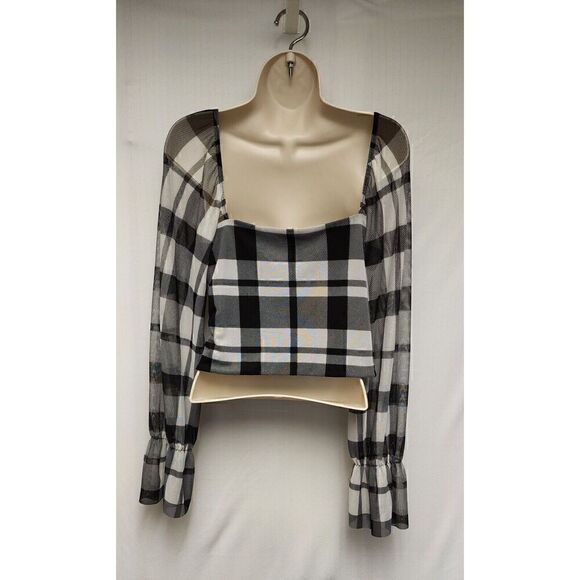 Lily & Star Bell Sleeves Square Neckline Plaid Black/White Blouse Size XL - Picture 4 of 6
